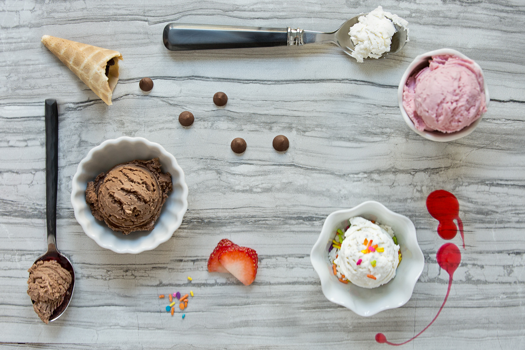 Dessert, ice cream, cone, sprinkles, spoon, sauce, strawberry, food photography, 