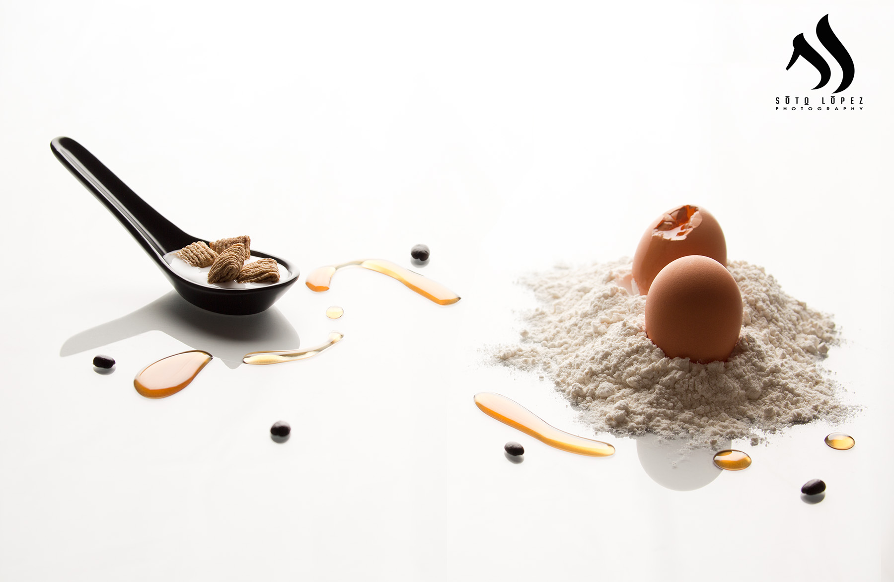 Breakfast, milk, eggs, cereal, eggs, coffee beans, flower, food photography, syrup