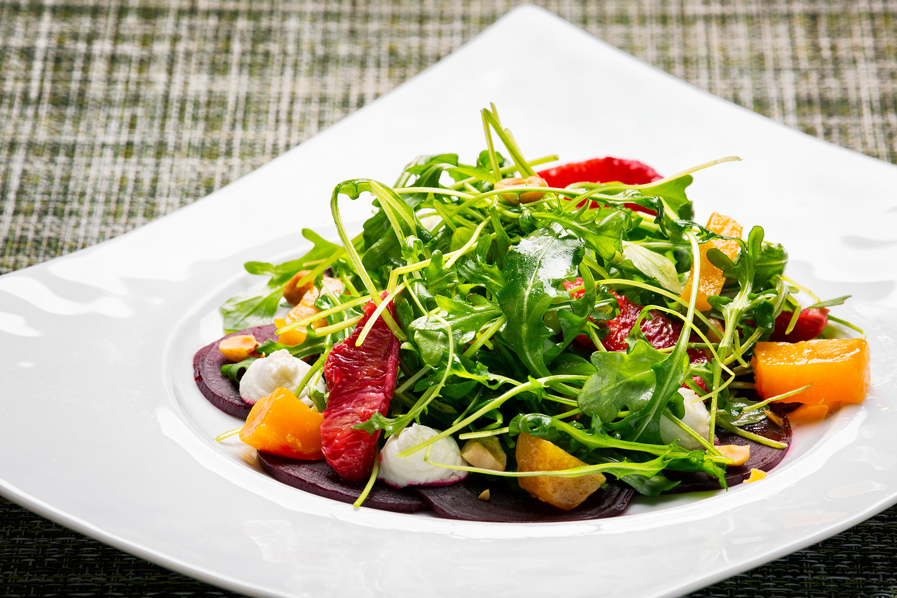 Beets, red beet, orange beet, goat cheese, arugula, blood orange, nuts, Cucina, Italian cusine, Las Vegas, food, photography, Dining, salads, colors, Wolfgang Puck