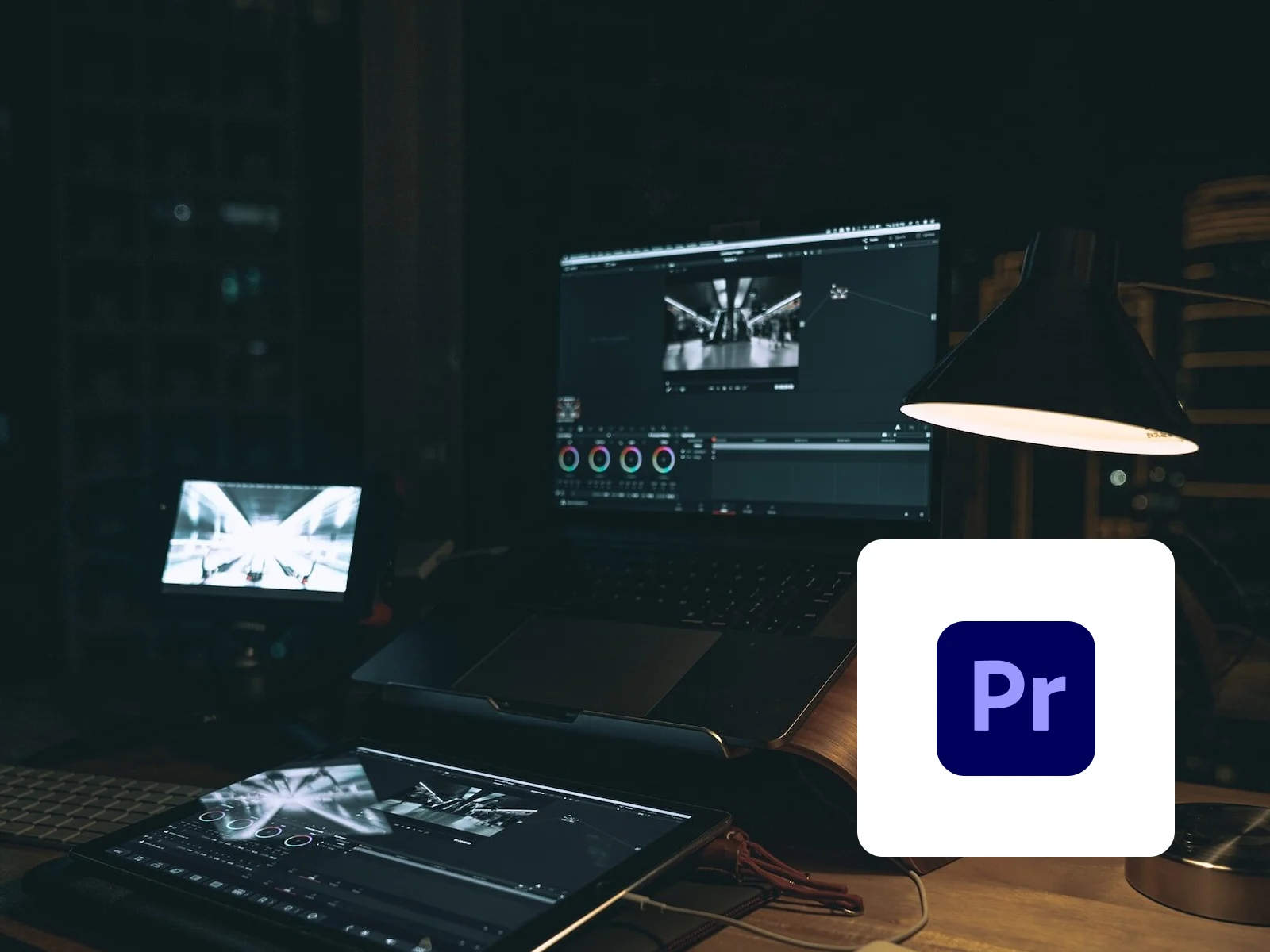 Decorative: Image for Adobe Premiere Pro with two computer screens running the software