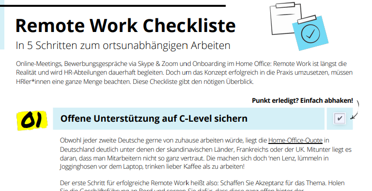 Checkliste für Remote Work, übersichtlich dargestellt auf einem Dokument