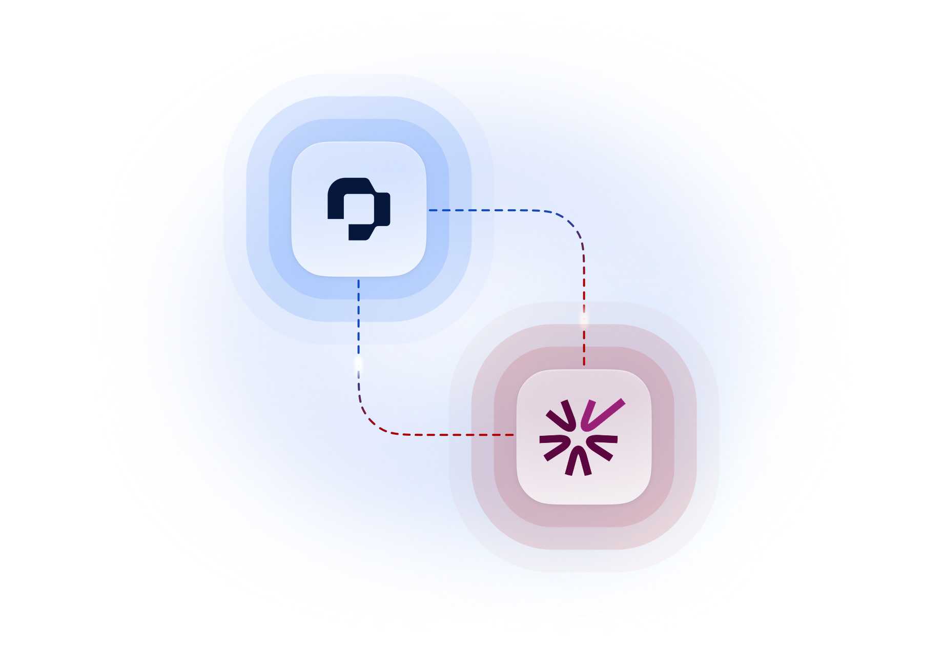 Zwei App-Icons in Blau und Rosa, verbunden durch gestrichelte Linien, symbolisieren eine digitale Integration.