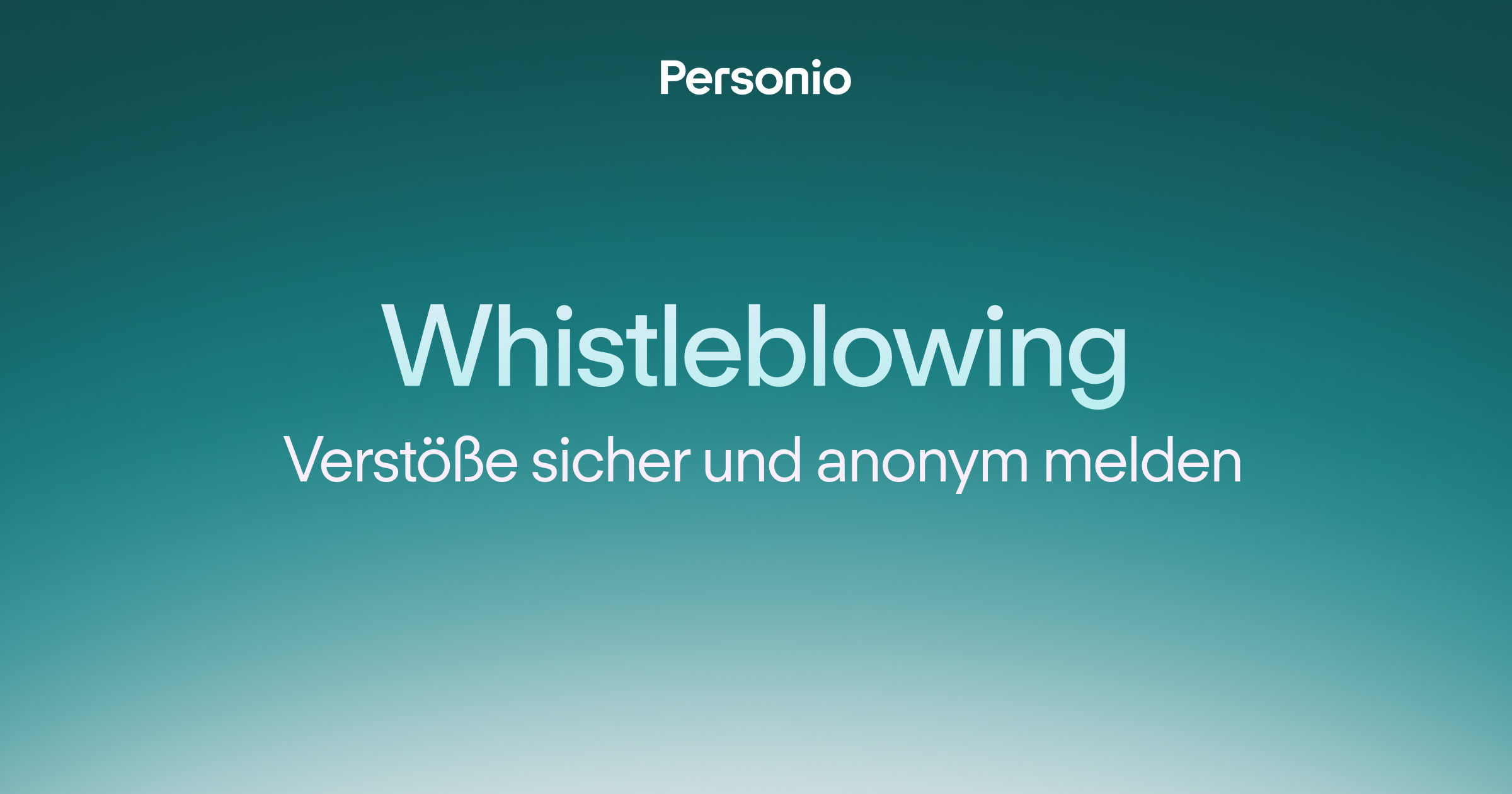 Personio-Grafik zum Thema Whistleblowing mit dem Text „Verstöße sicher und anonym melden" auf türkisem Hintergrund.