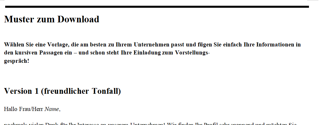 Auszug aus der Vorlage für Einladung zum Vorstellungsgespräch für HR und Unternehmen