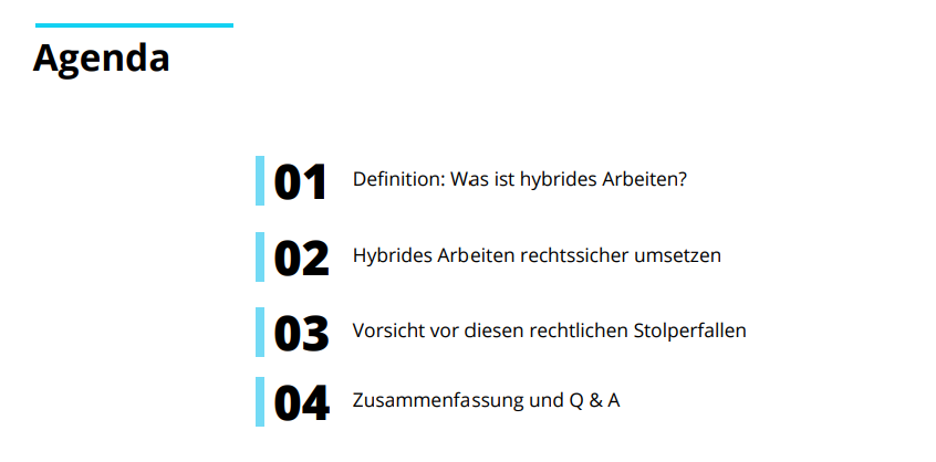 Screenshot eines Webinars mit dem Titel 'Hybrides Arbeiten rechtssicher gestalten', gezeigt mit Präsentationsfolien