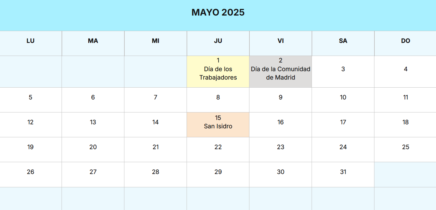 Calendario laboral Madrid 2025