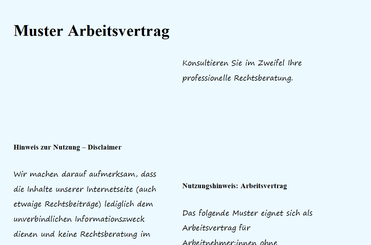 Auszug aus dem Muster Arbeitsvertrag bereitgestellt von Personio