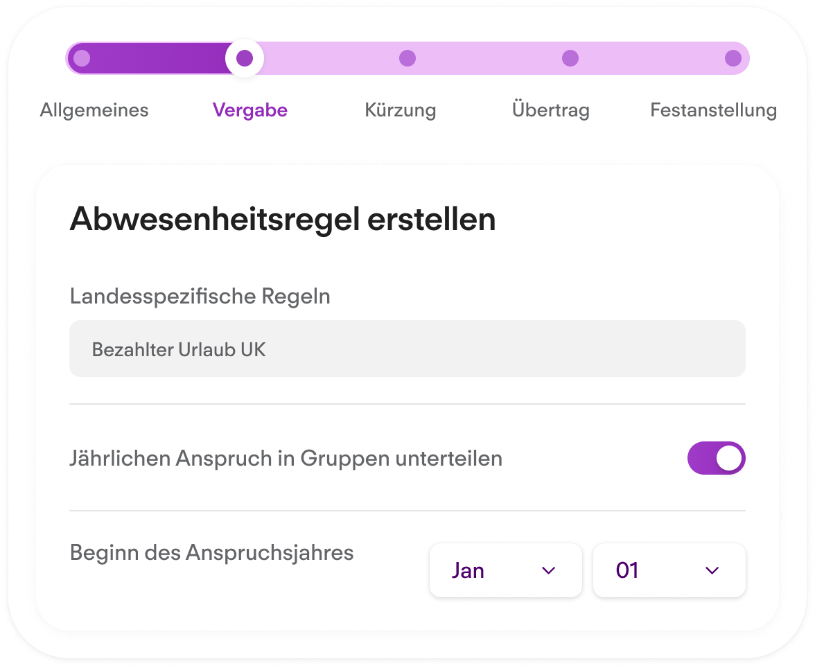 Formular "Abwesenheitsregel erstellen" mit Fortschrittsleiste, Schritt "Vergabe" aktiv, Einstellungen für Urlaub UK und Anspruchsjahr.