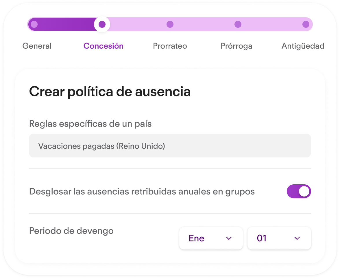 Formulario "Crear política de ausencia" en paso Concesión, con opciones de reglas por país y periodo de devengo.