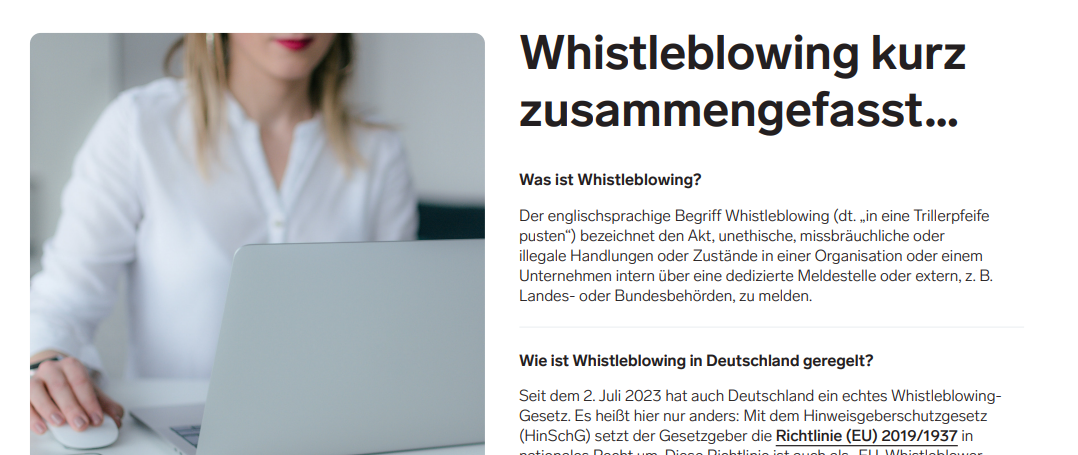 Leitfaden zum Thema 'Whistleblowing in Deutschland', dargestellt als professionelles Dokument