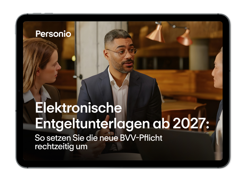 Three professionals in conversation at a meeting with Personio branding and German text about electronic payment documents for 2027.