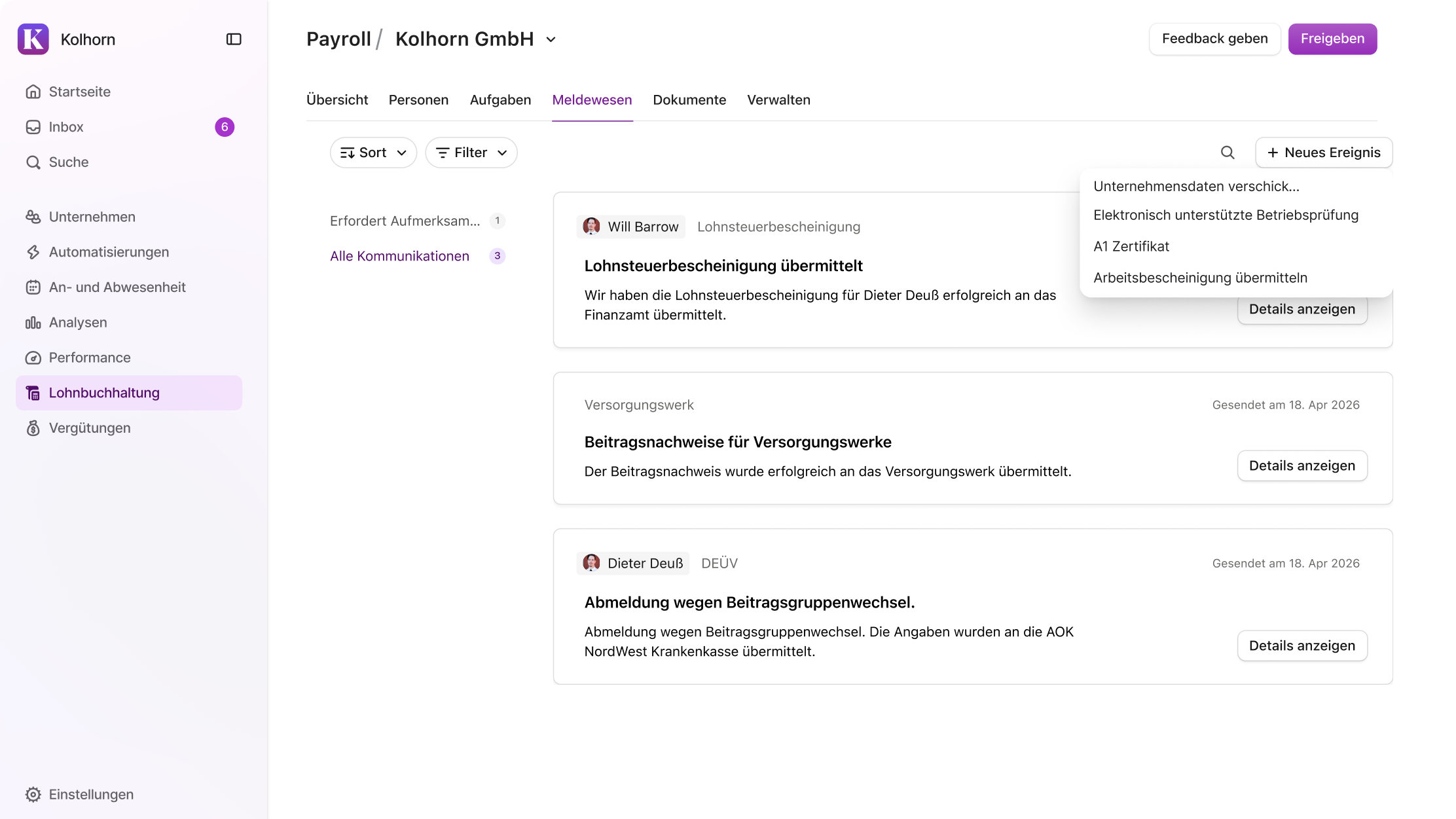 Payroll-Software, Meldewesen-Tab mit Lohnsteuerbescheinigung, Beitragsnachweisen und DEÜV-Meldungen sowie geöffnetem Dropdown-Menü.