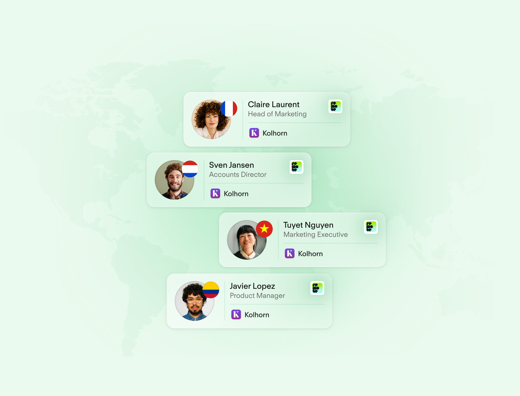 Four Kolhorn employee profile cards showing international team members with photos, flags, and job titles on a green background.
