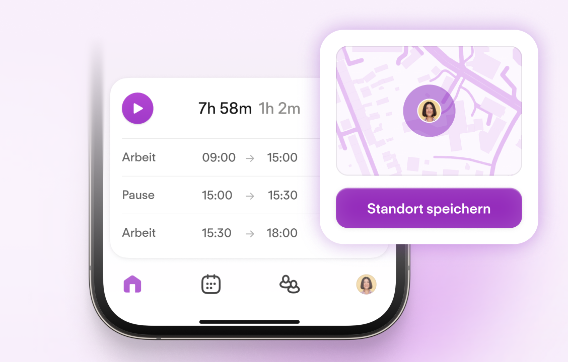 Time tracking app interface showing work hours (9:00-18:00) at office and remote locations with a map and "Save location" button.