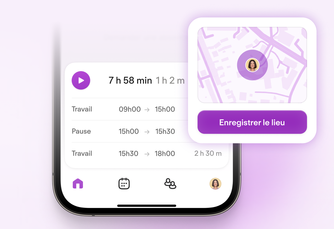 Time tracking app interface showing work hours (9:00-18:00) at office and remote locations with a map and "Save location" button.
