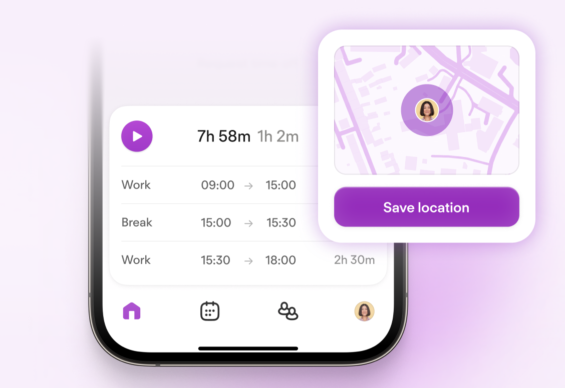 Time tracking app interface showing work hours (9:00-18:00) at office and remote locations with a map and "Save location" button.