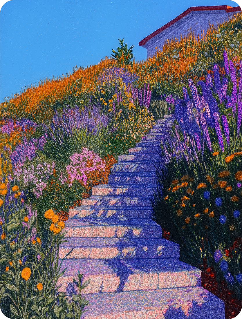 Colorful painting of stone steps leading up a flower-lined hillside with lavender, orange, and pink blooms under a blue sky.