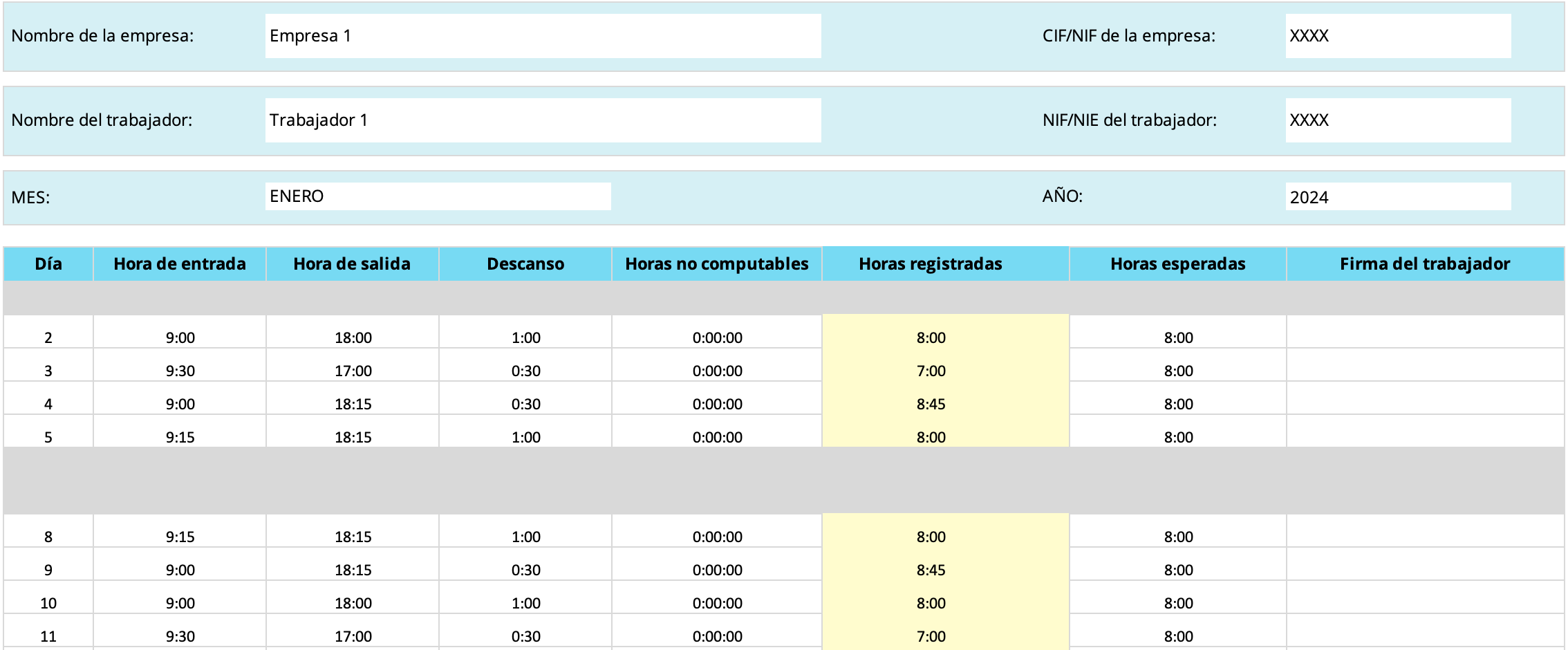 Hoja de control horario en Excel