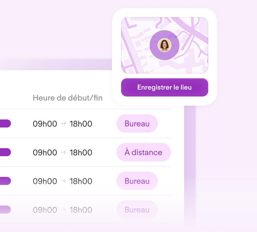 Location tracking interface with purple map marker, "Save location" button, and work schedule showing office/remote hours from 9:00-18:00.