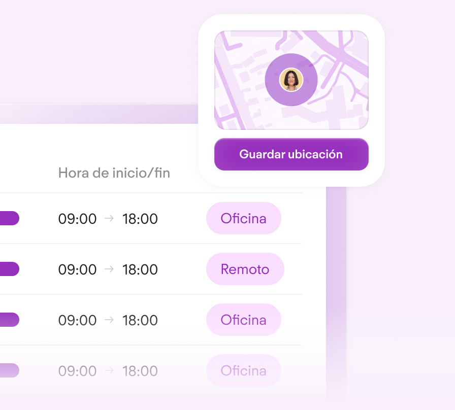 Location tracking interface with purple map marker, "Save location" button, and work schedule showing office/remote hours from 9:00-18:00.