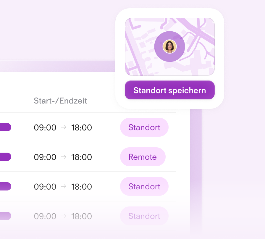 Location tracking interface with purple map marker, "Save location" button, and work schedule showing office/remote hours from 9:00-18:00.