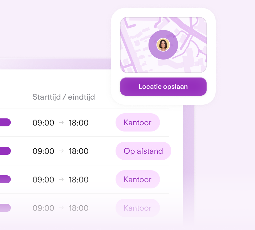 Location tracking interface with purple map marker, "Save location" button, and work schedule showing office/remote hours from 9:00-18:00.