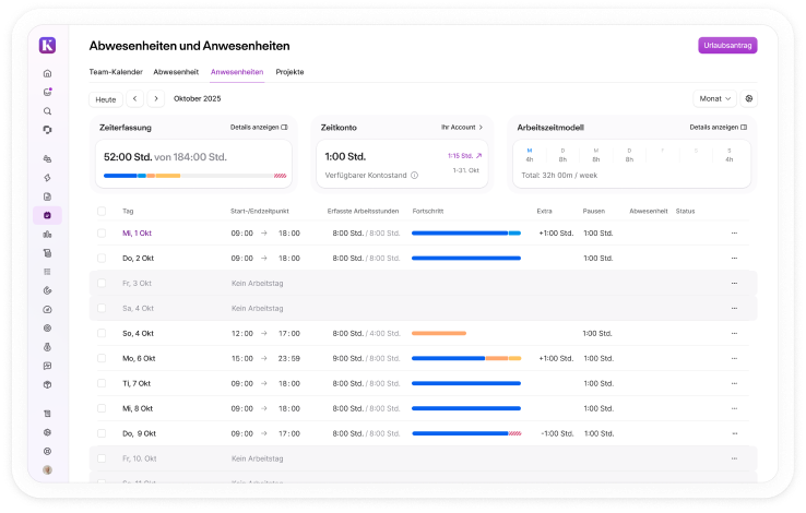 German time tracking interface showing attendance calendar with work hours, breaks, and status indicators.