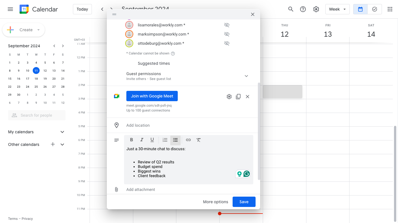 Screenshot of a Google Meet agenda