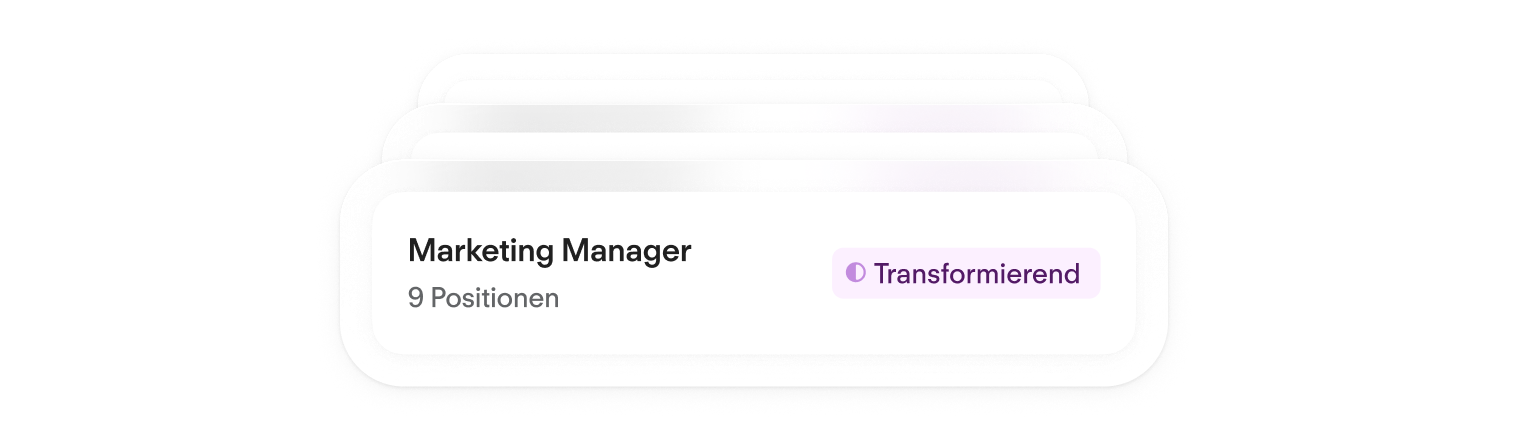 Stacked UI cards showing a Marketing Manager role with 9 positions and a purple Transforming status badge.