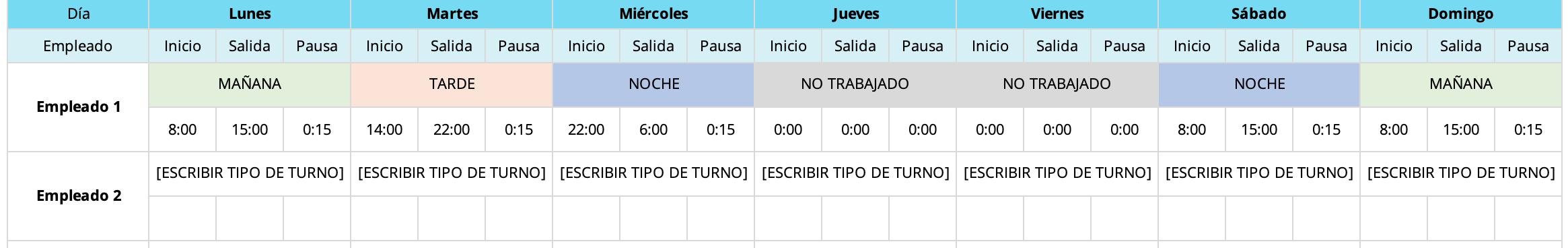 Fragmento de la planilla lunes a domingo turnos rotativos 4 personas