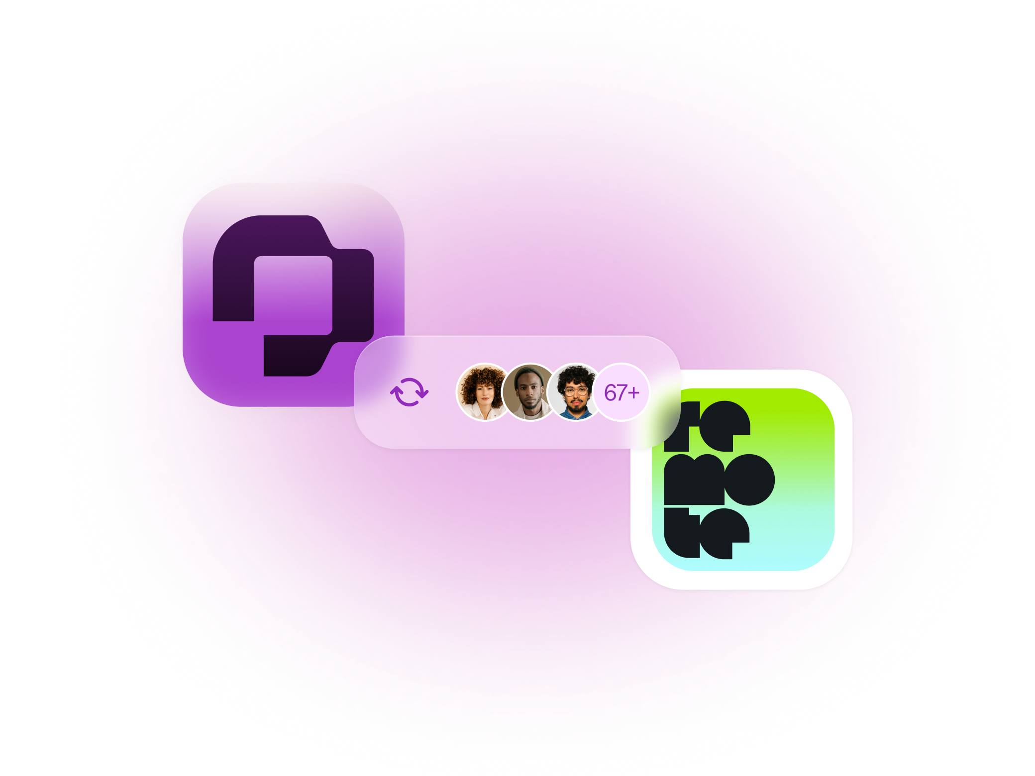 Two app icons connected by a sync bar showing user avatars and 67+ members, on a soft purple background.
