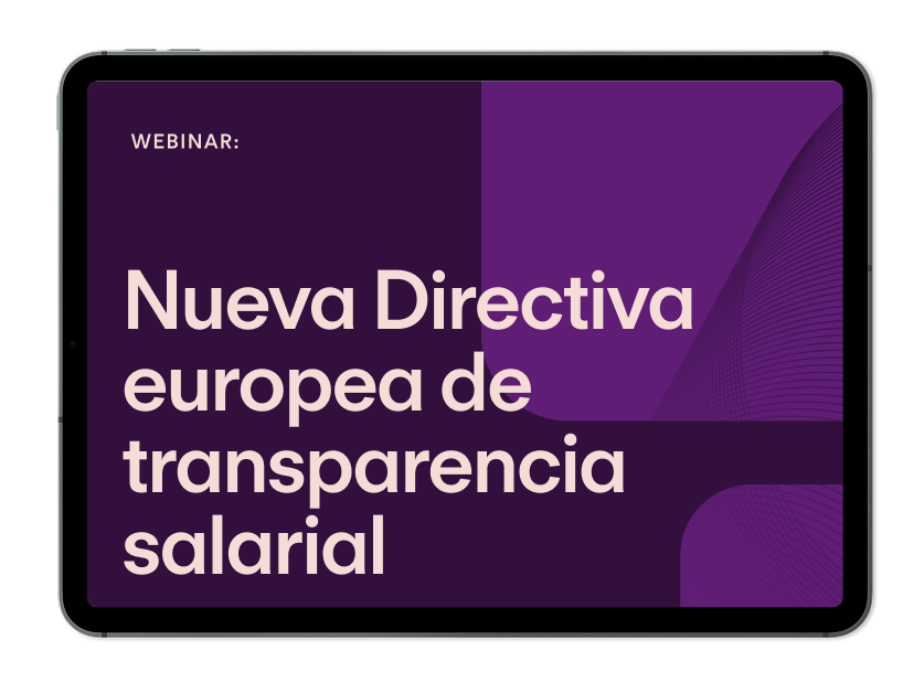 Tablet displaying webinar announcement about new European salary transparency directive on purple background.