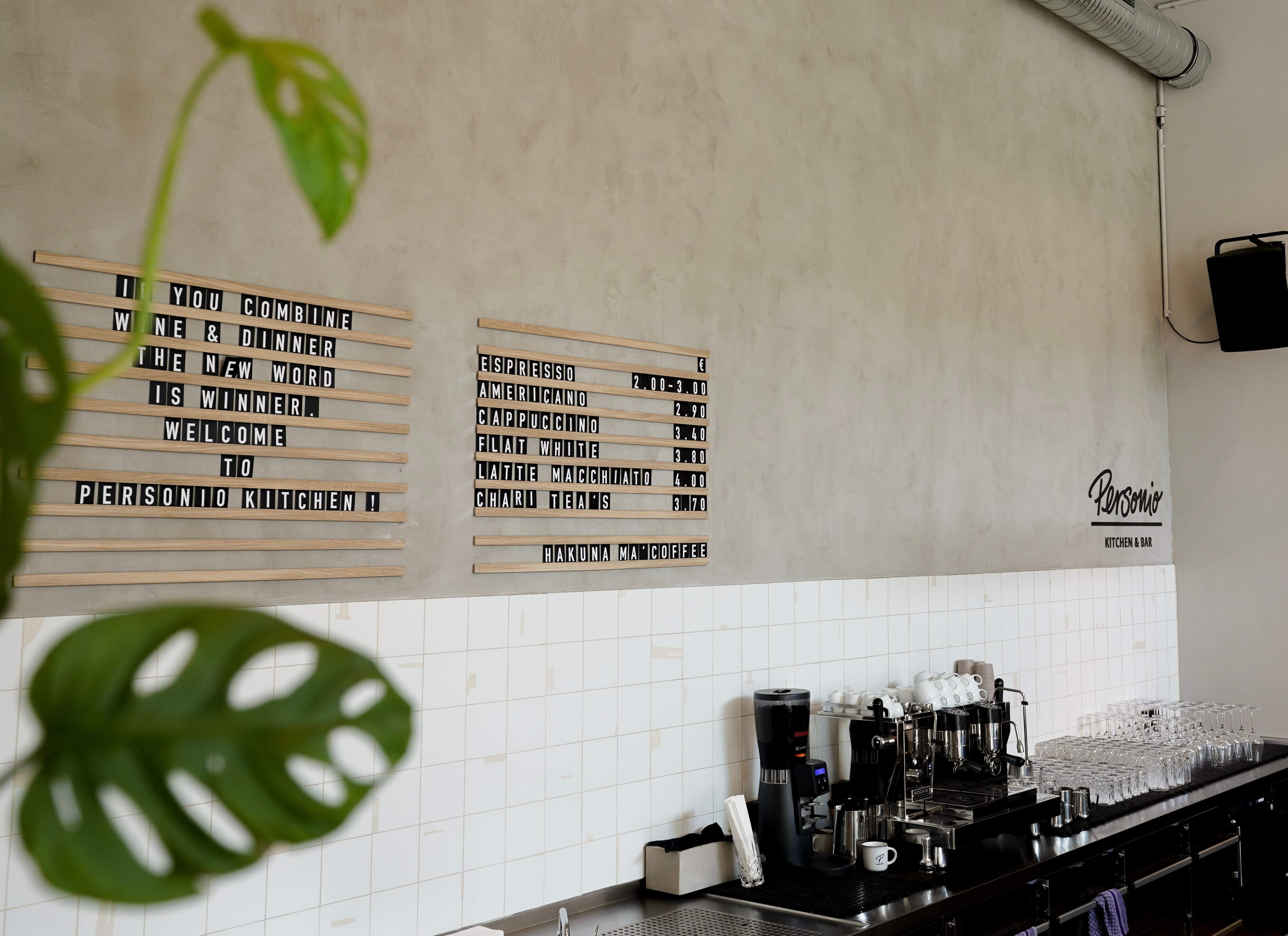 Coffee menu and backsplash of Personio Kitchen & Bar