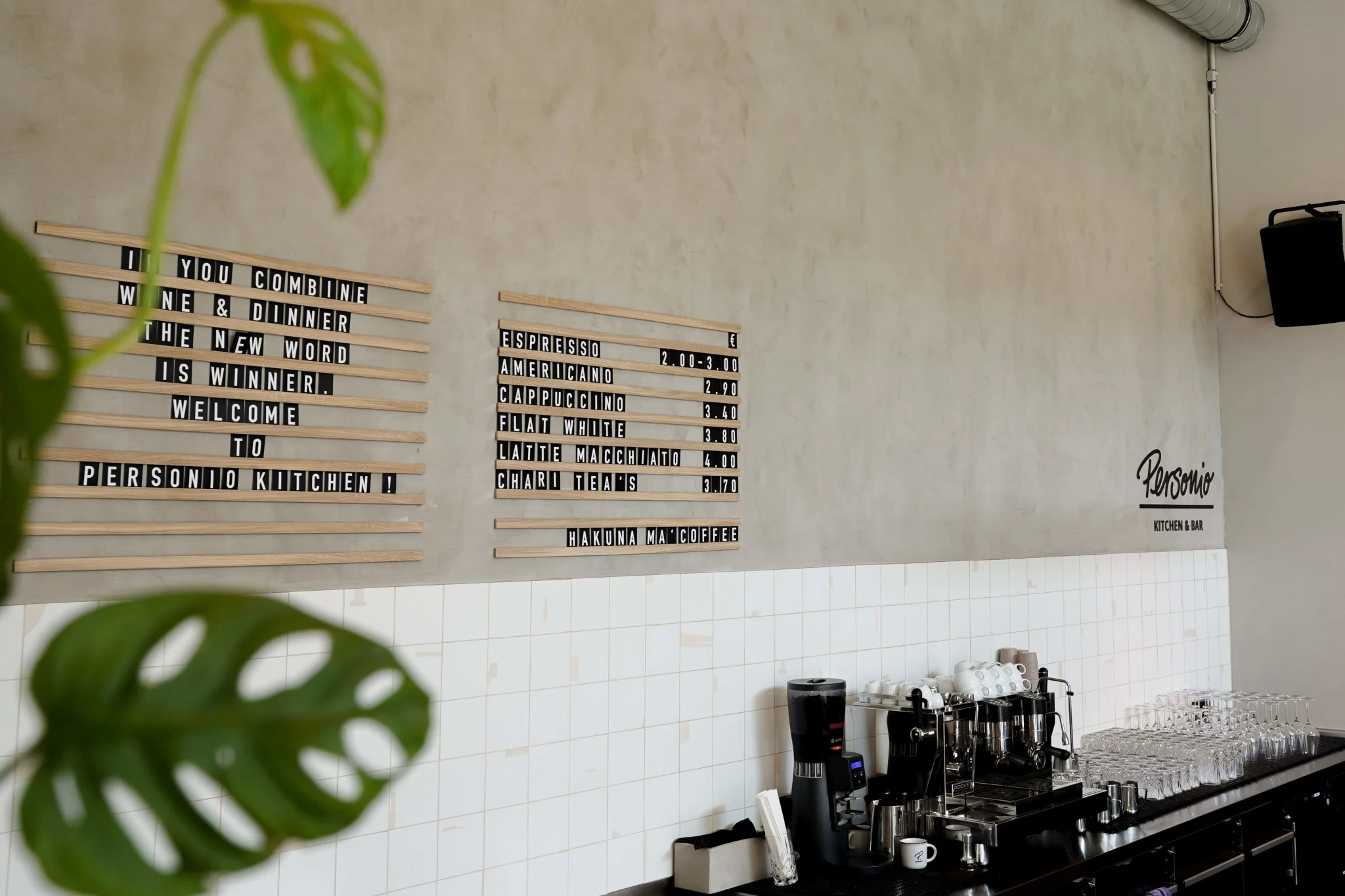 Coffee menu and backsplash of Personio Kitchen & Bar