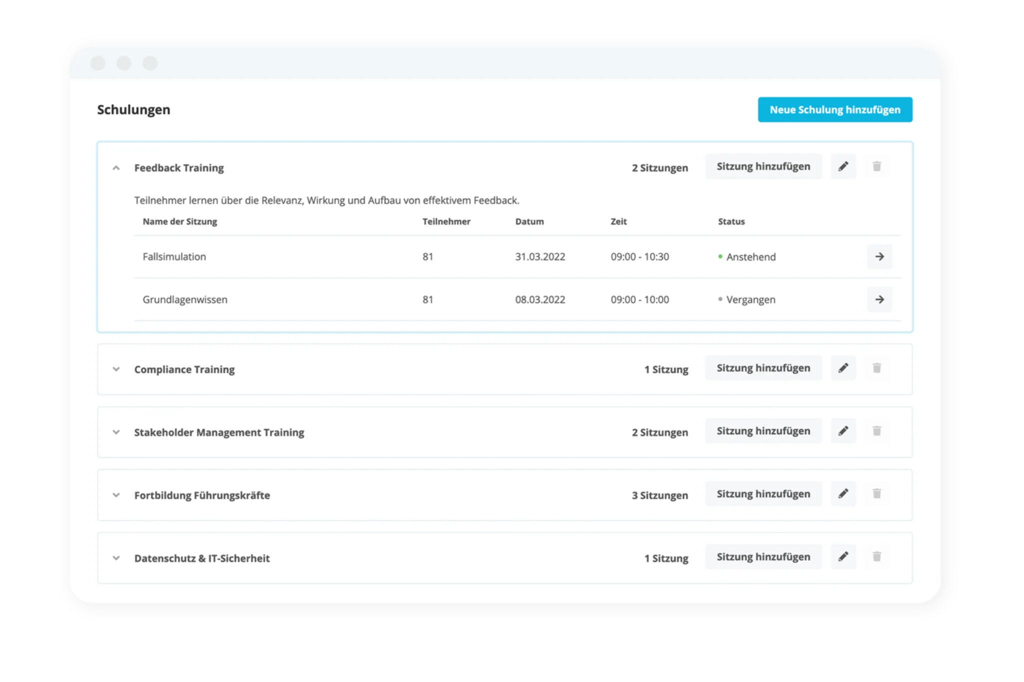 Schulungsmanagement Schulungsüberblick