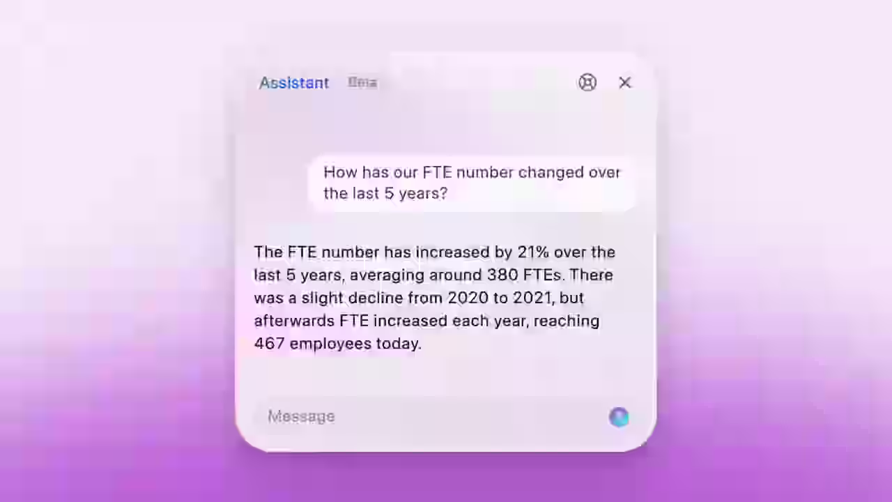 Image of Personio Assistant answering the question: How has our FTE number changed over the last five years?