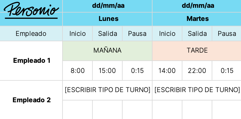 Planilla de turnos rotativos de lunes a domingo para 4 personas