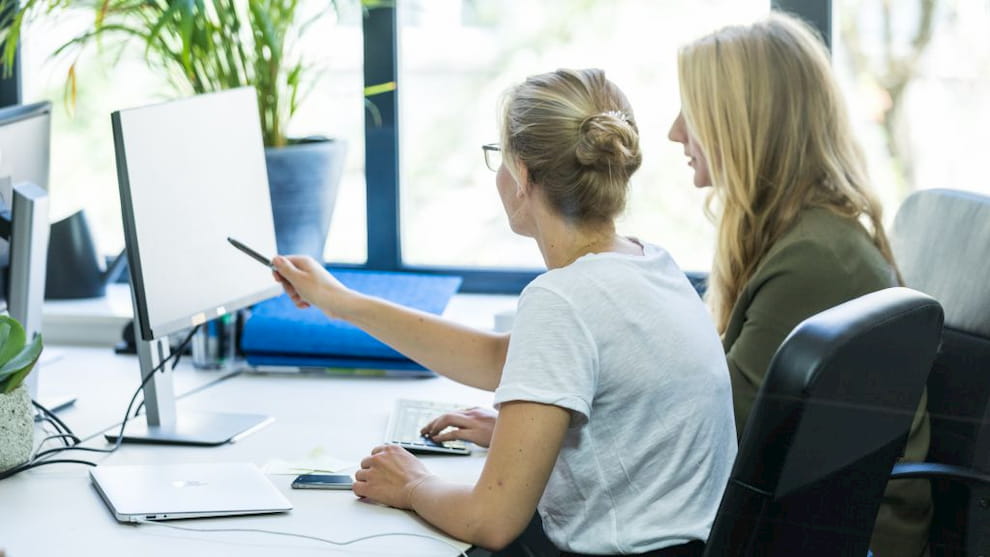 Zwei Mitarbeiter schauen gemeinsam auf einen Computerbildschirm