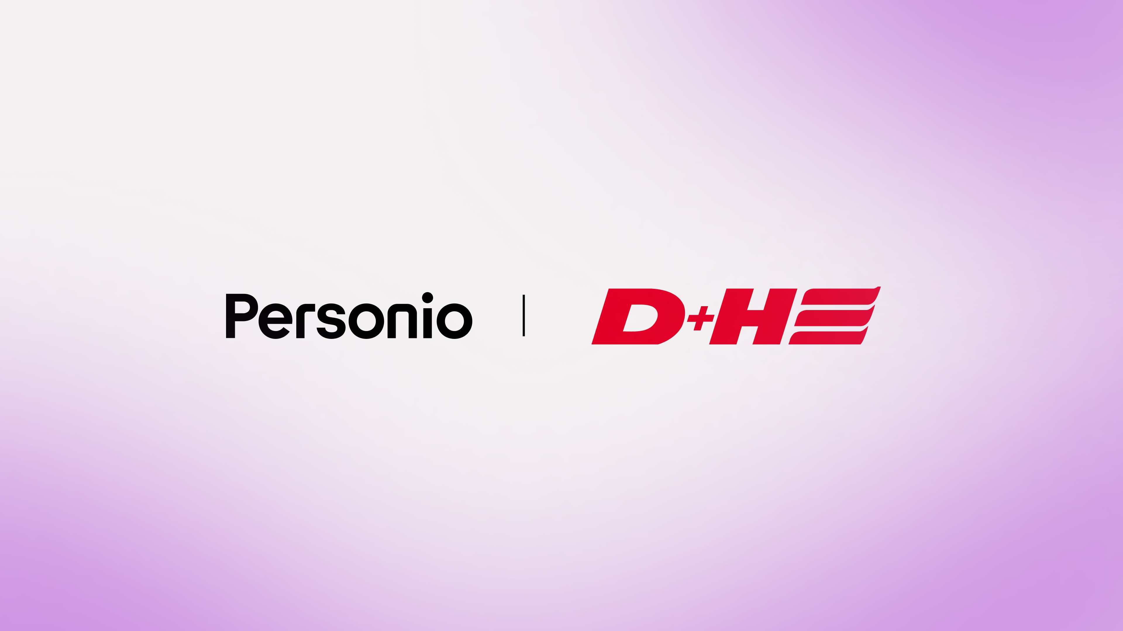 Logos von Personio und D+H auf hellem Hintergrund mit lila Farbverlauf, durch einen senkrechten Strich getrennt.