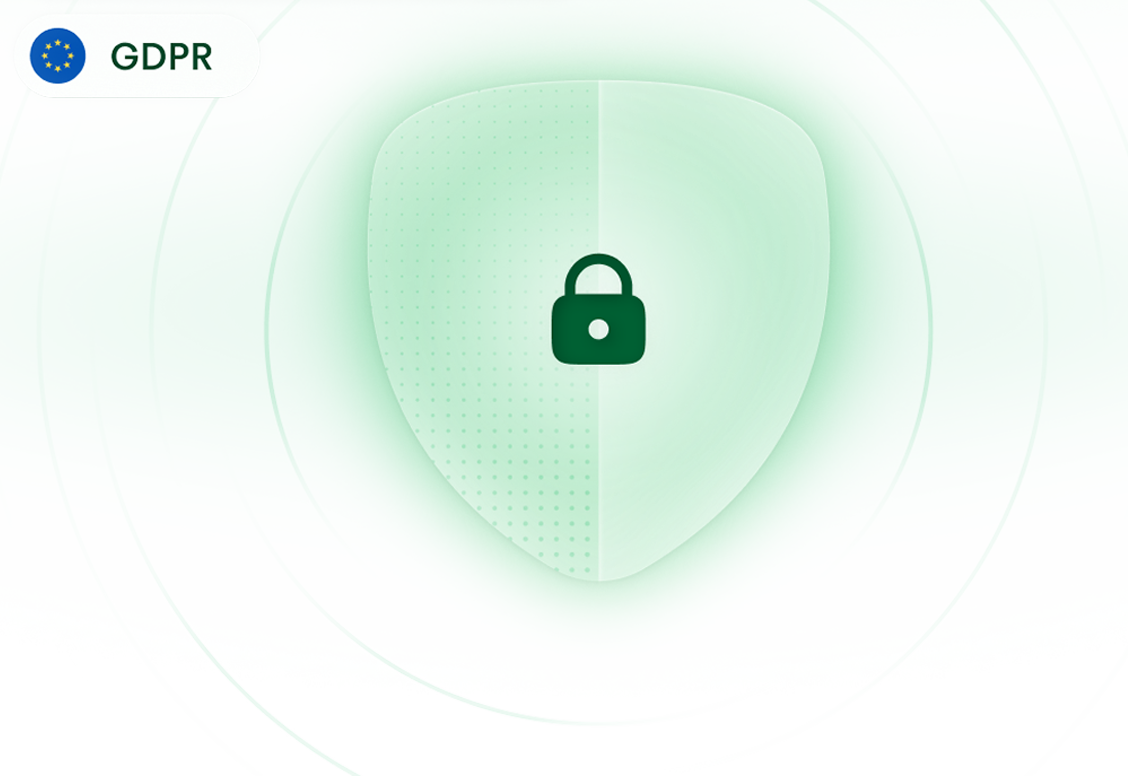 Green shield with padlock icon showing security certifications: ISO 27001 & C5 Certified and GDPR compliance badges.