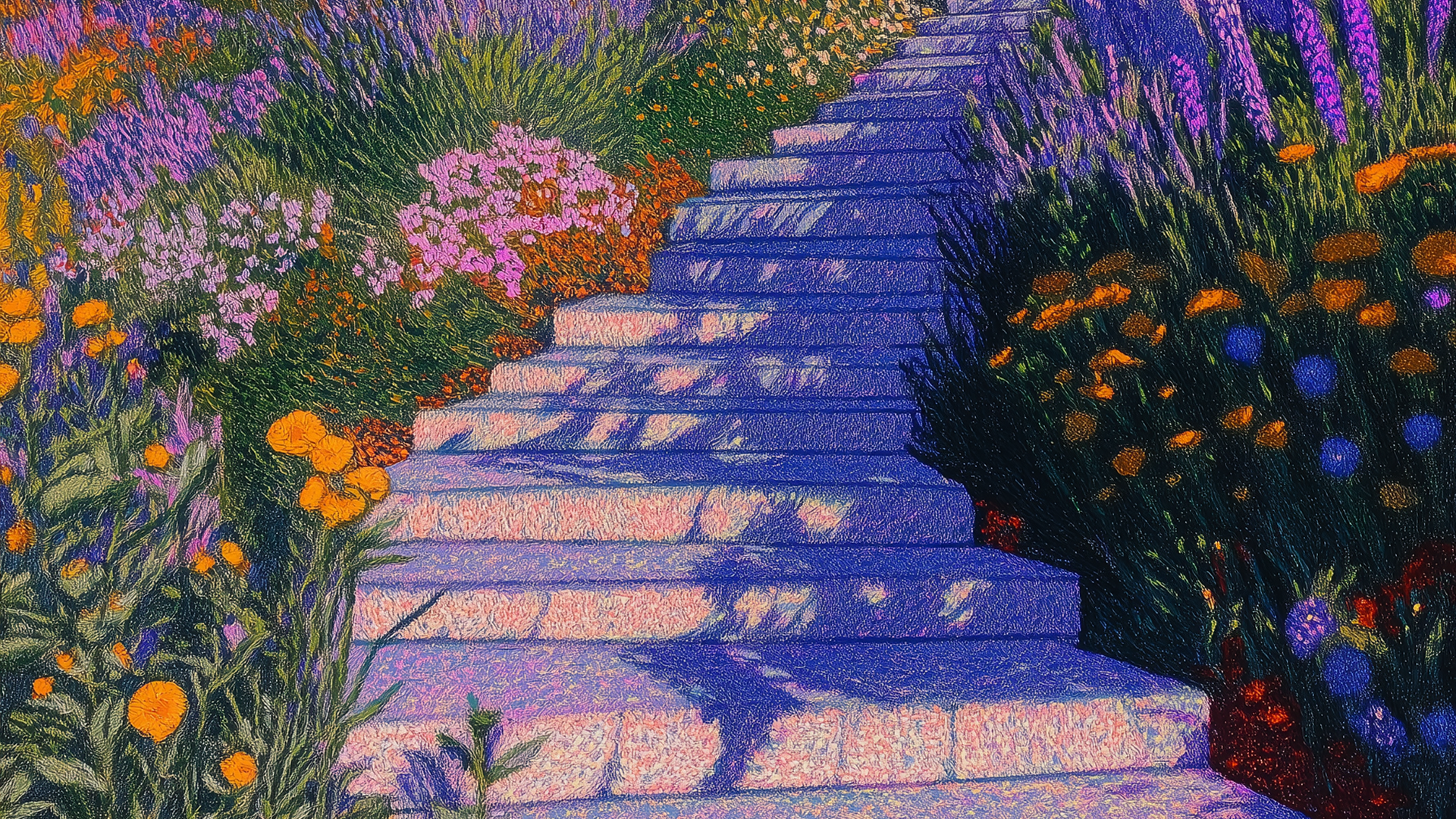 An illustration of steps leading upwards, surrounded by wildflowers