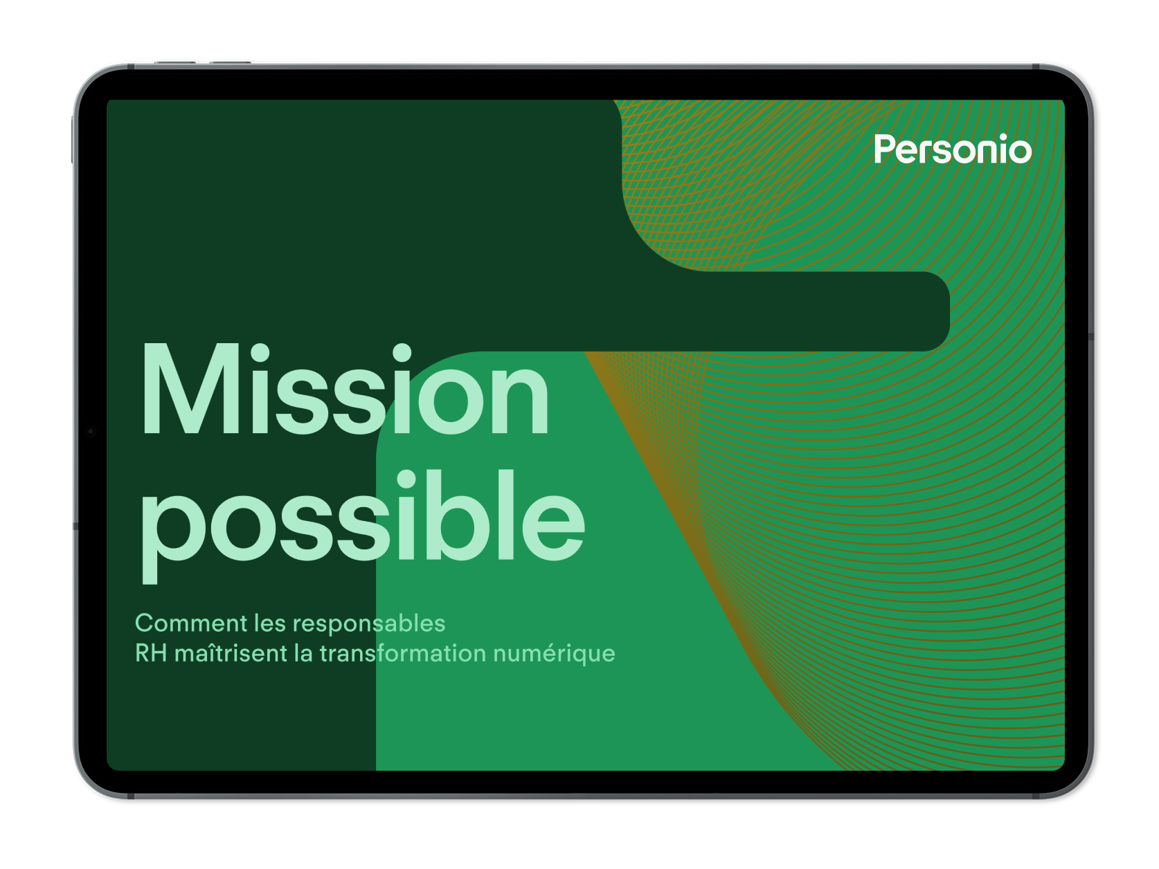 Tablet displaying Personio's green report cover titled Mission possible about HR managers mastering digital transformation.