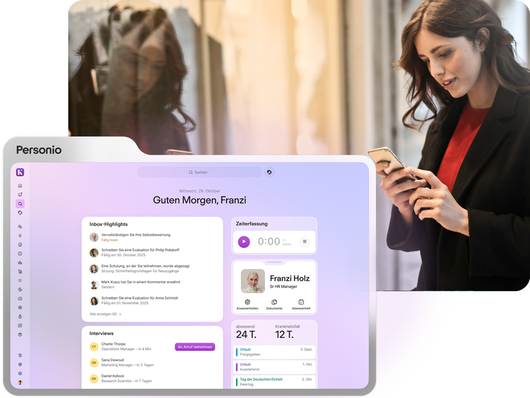 Personio HR-Software-Dashboard mit Begrüßung, Inbox und Zeiterfassung, überlagert von Formel-Rennwagen auf einer Rennstrecke.