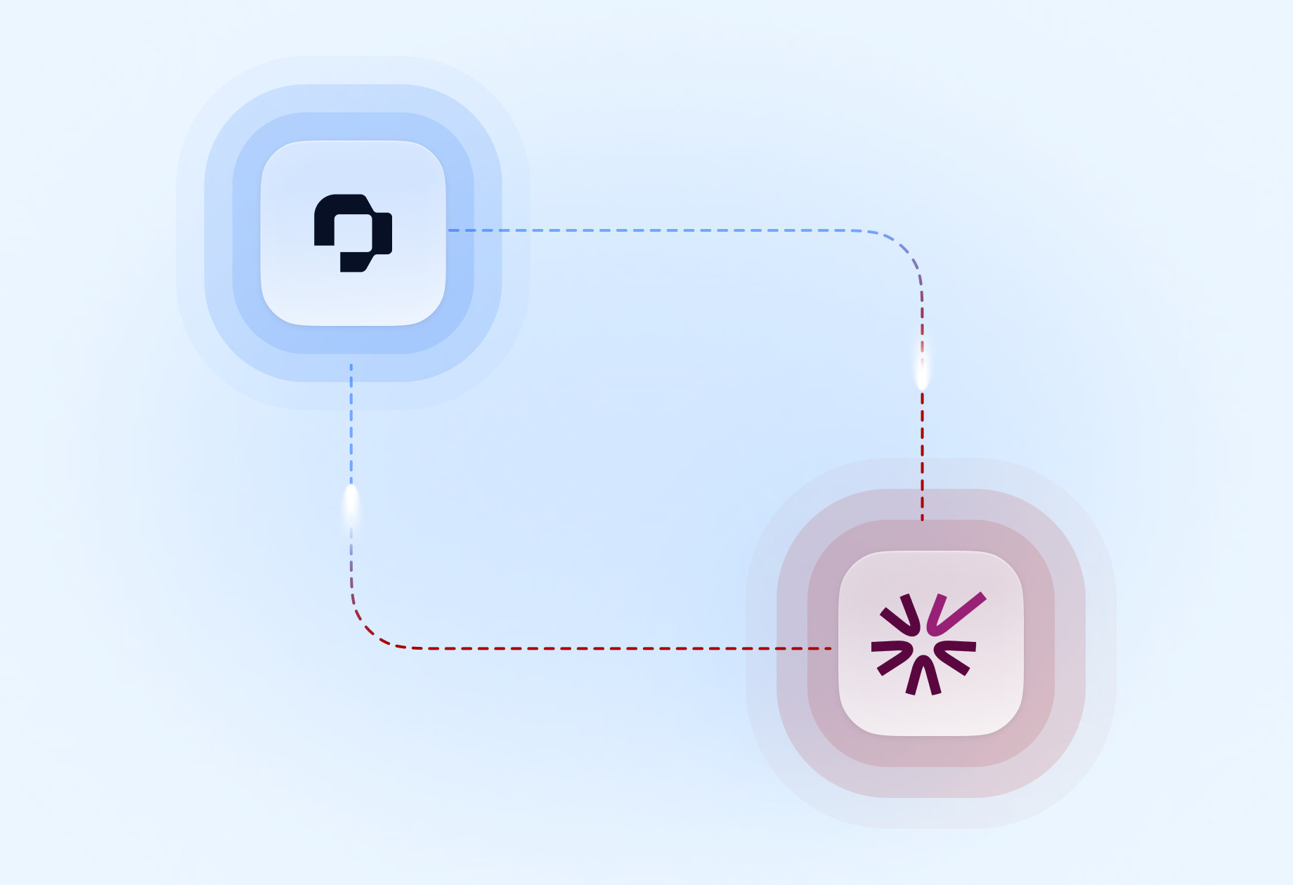 Zwei App-Icons verbunden durch gestrichelte Linien: ein blaues Icon oben links und ein rotes Icon unten rechts auf hellblauem Hintergrund.