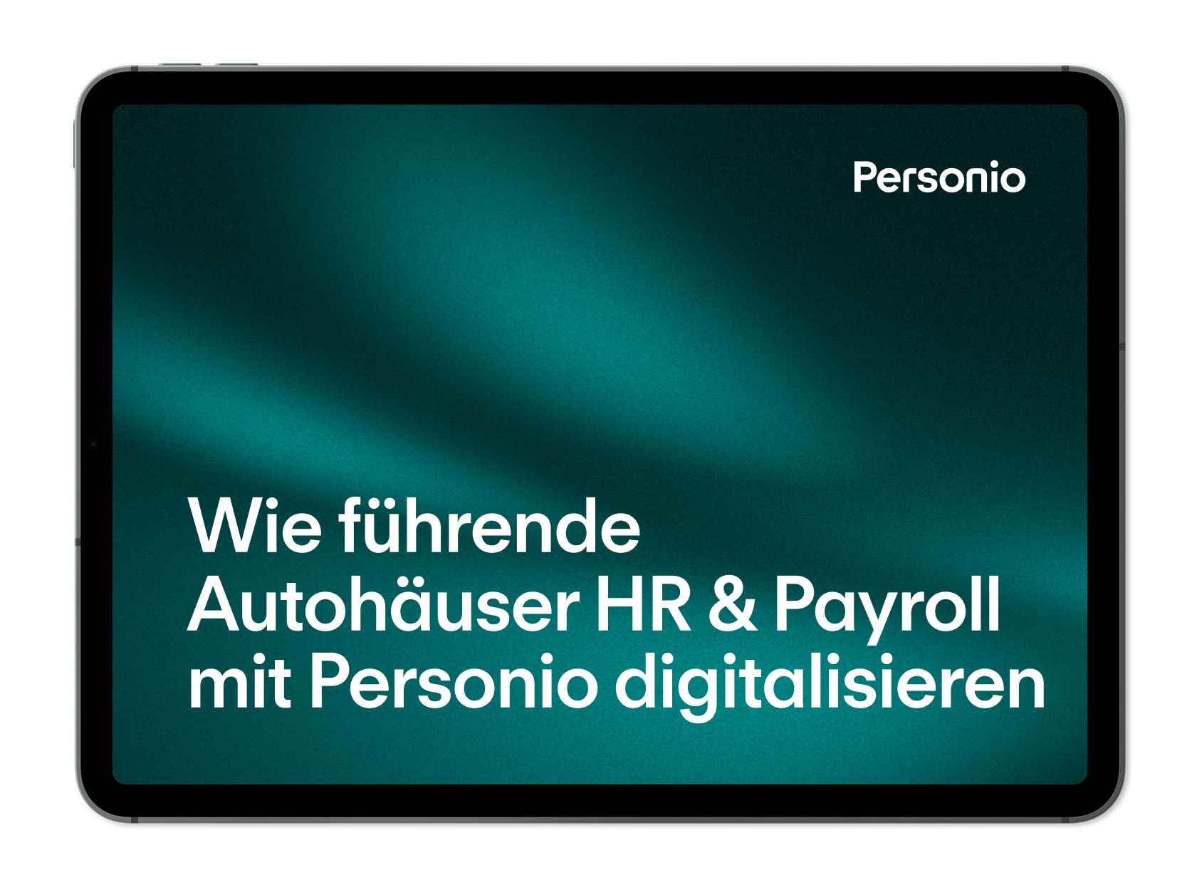 Tablet displaying a Personio guide on digitalizing HR and payroll for car dealerships, with teal background and white text.