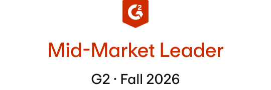 G2 badge for Mid-Market Leader, featuring the G2 logo in red on a dark red shield icon.