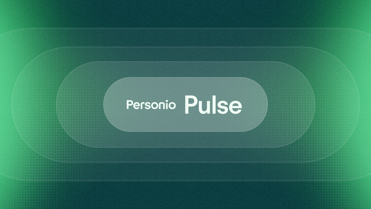 Personio Pulse logo on a green gradient background with layered rounded rectangle shapes framing the white text.