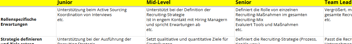 Vorlage für einen Karrierepfad, dargestellt als strukturierte Tabelle auf einem Dokument.