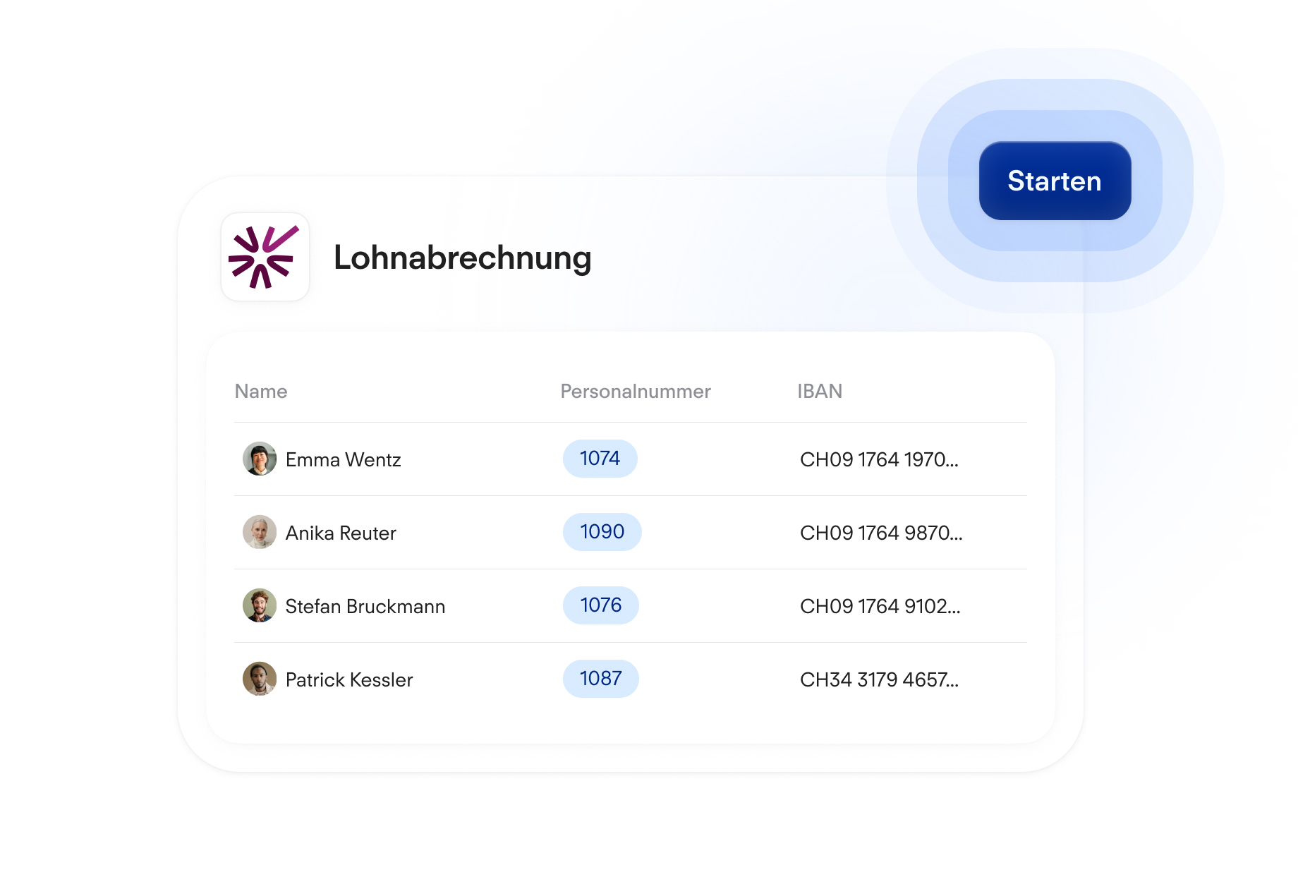 Lohnabrechnung-Software mit Mitarbeiterliste, Personalnummern und IBANs sowie einem blauen "Starten"-Button.
