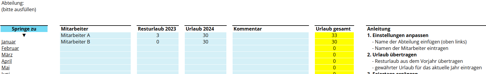 Excel-Vorlage für einen Urlaubsplaner 2025, dargestellt als Tabelle mit übersichtlicher Struktur